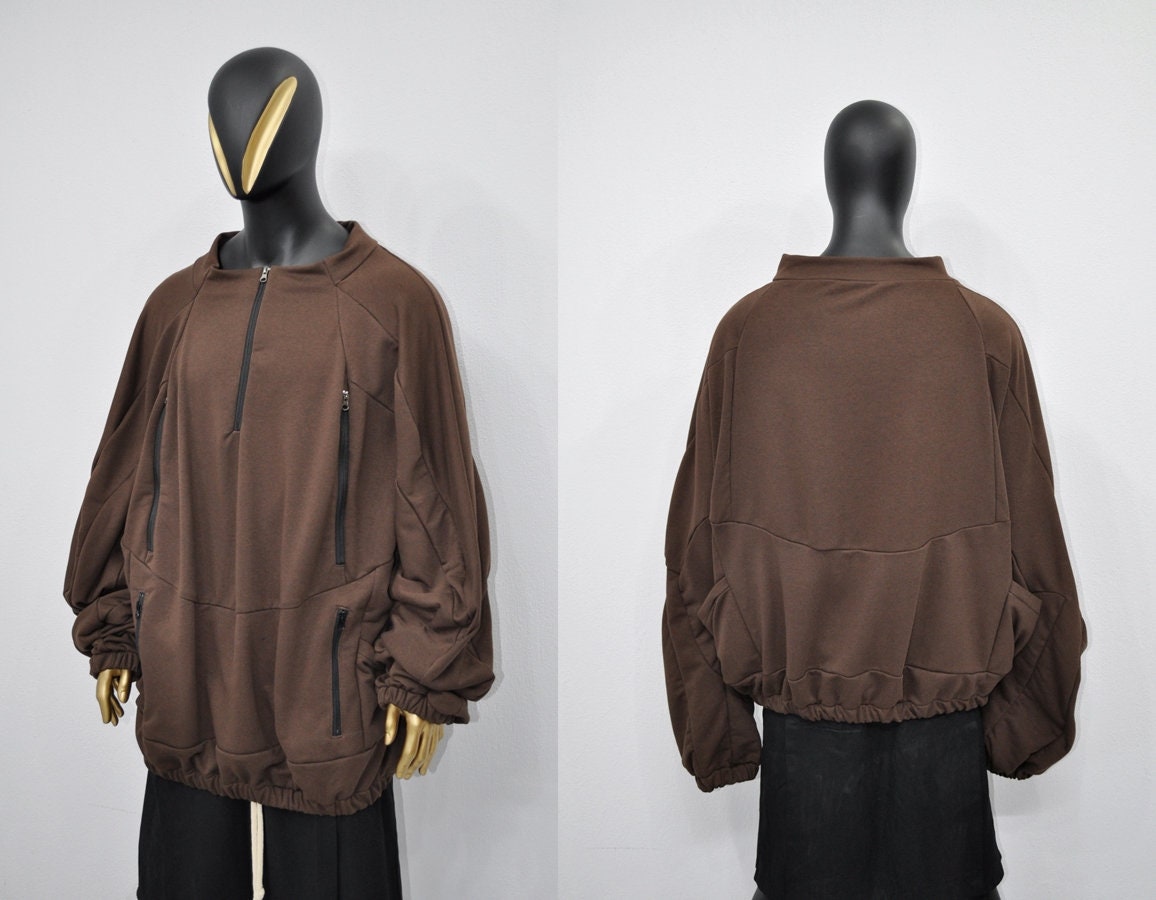 XS-8XL Oversized 1/4 Zip Brown Jacket w/Side Zipper and Pocket,Gift,Reglan Sleeve,Scoop Neck Pullover,Essentials Halloween,Cyber Goth-BB0160