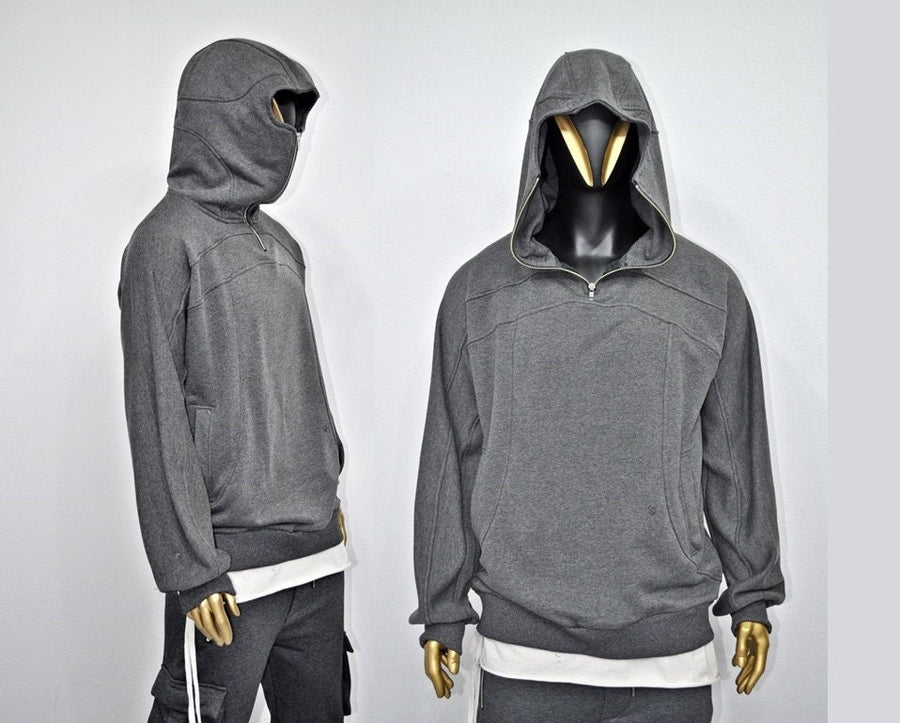 XS-8XL Men's High Quality Asid Wash Look Oversized Hooded Sweatshirt,Half Covering Face Zipper Ashassin ,Cyber Anarchy Burning Man-BB0164