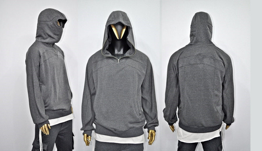 XS-8XL Men's High Quality Asid Wash Look Oversized Hooded Sweatshirt,Half Covering Face Zipper Ashassin ,Cyber Anarchy Burning Man-BB0164