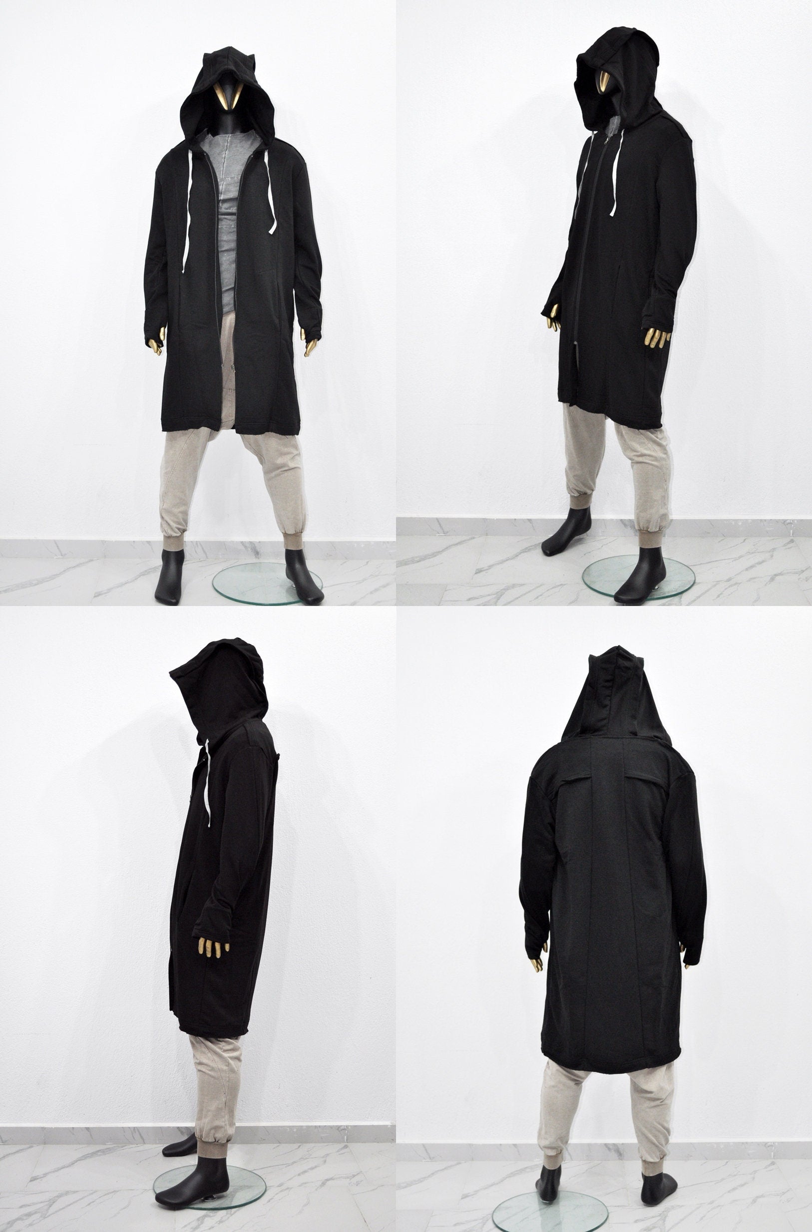 XS-8XL Men Overlong Steampunk Snake-Shaped Hooded Zip-up Hoodie Jacket,Long Sleeve Pullover,Gothic Avant Garde Cardigan,Asymmetri Punk-BB013
