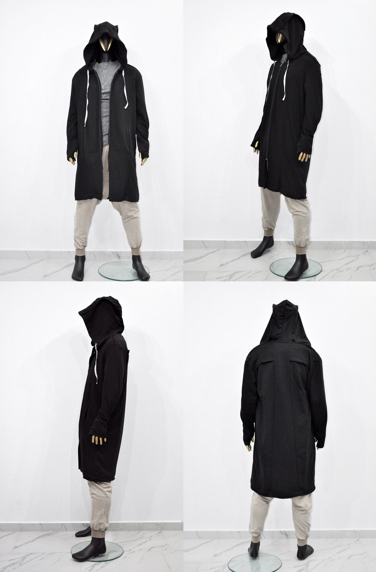 XS-8XL Men Overlong Steampunk Snake-Shaped Hooded Zip-up Hoodie Jacket,Long Sleeve Pullover,Gothic Avant Garde Cardigan,Asymmetri Punk-BB013