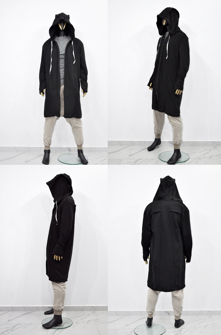XS-8XL Men Overlong Steampunk Snake-Shaped Hooded Zip-up Hoodie Jacket,Long Sleeve Pullover,Gothic Avant Garde Cardigan,Asymmetri Punk-BB013