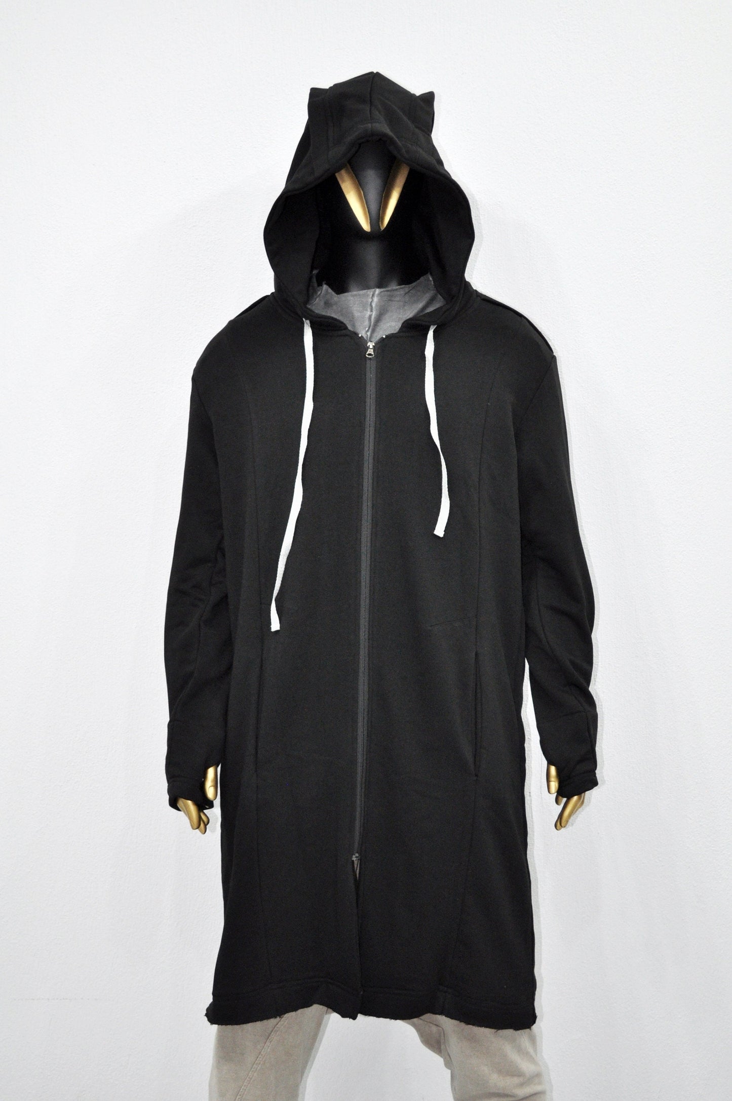XS-8XL Men Overlong Steampunk Snake-Shaped Hooded Zip-up Hoodie Jacket,Long Sleeve Pullover,Gothic Avant Garde Cardigan,Asymmetri Punk-BB013
