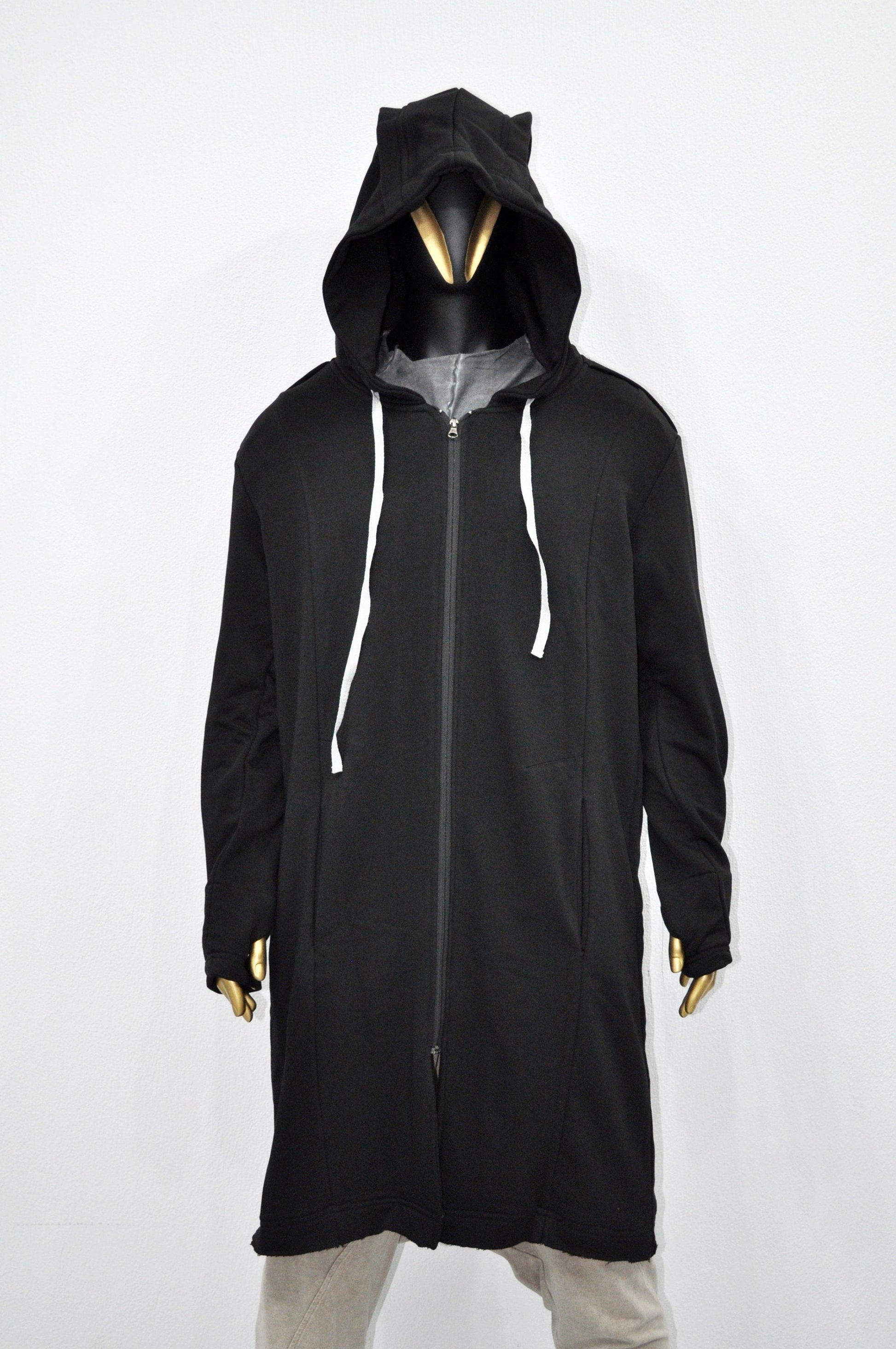 XS-8XL Men Overlong Steampunk Snake-Shaped Hooded Zip-up Hoodie Jacket,Long Sleeve Pullover,Gothic Avant Garde Cardigan,Asymmetri Punk-BB013