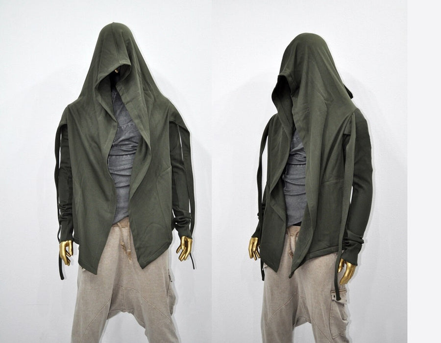 XS-8XL Cyberpunk Asymmetric Big Hooded Tie Dark Ninja Sweatshirt Shawl Pointed Hoodie ,Ashassin Cardigan,Anarchy Futuristic Burning Mn-BB111