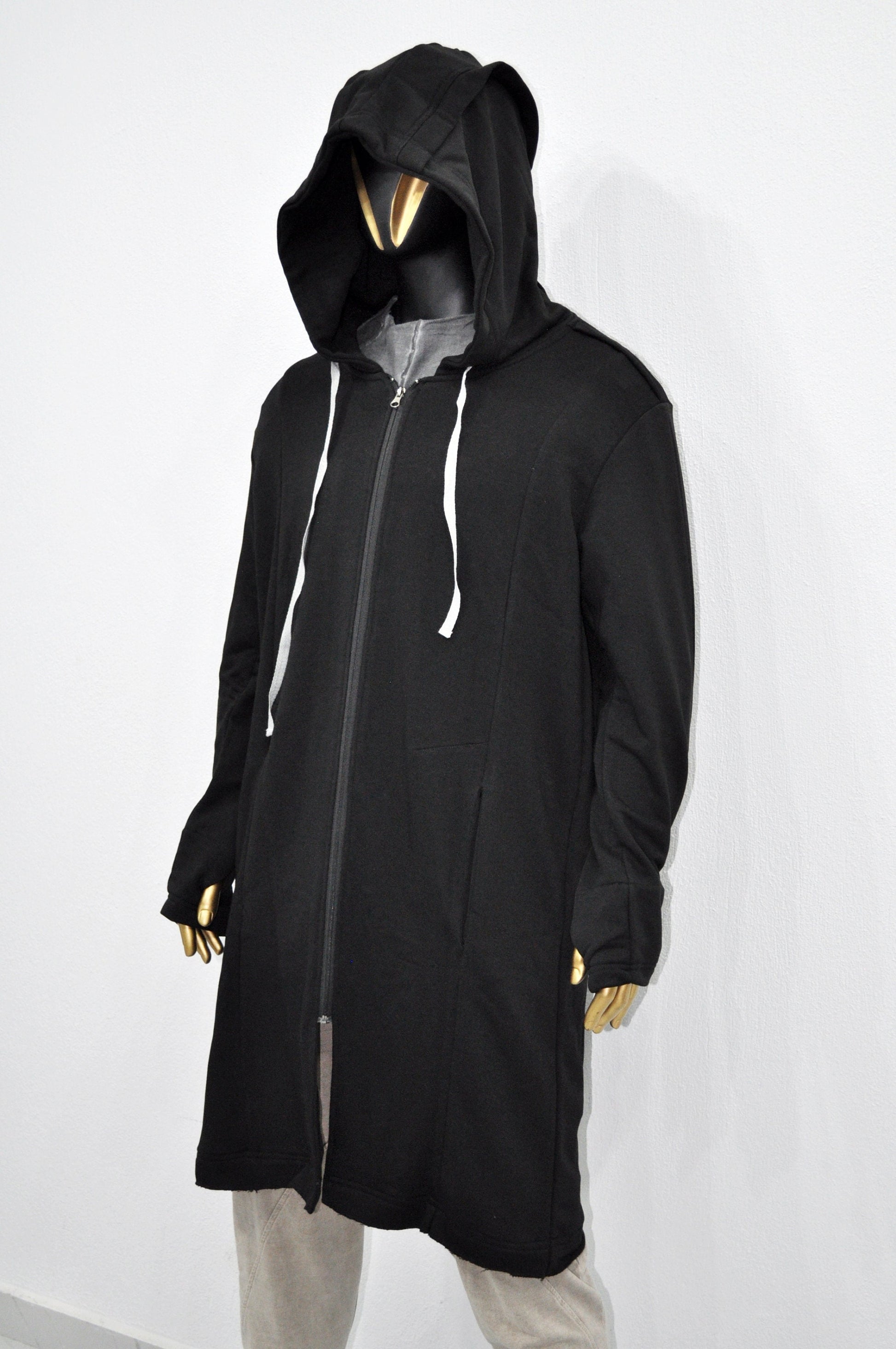 XS-8XL Men Overlong Steampunk Snake-Shaped Hooded Zip-up Hoodie Jacket,Long Sleeve Pullover,Gothic Avant Garde Cardigan,Asymmetri Punk-BB013