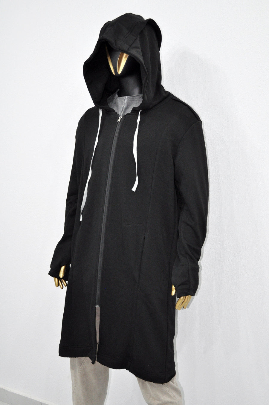 XS-8XL Men Overlong Steampunk Snake-Shaped Hooded Zip-up Hoodie Jacket,Long Sleeve Pullover,Gothic Avant Garde Cardigan,Asymmetri Punk-BB013
