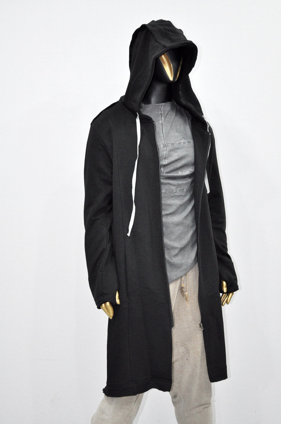 XS-8XL Men Overlong Steampunk Snake-Shaped Hooded Zip-up Hoodie Jacket,Long Sleeve Pullover,Gothic Avant Garde Cardigan,Asymmetri Punk-BB013
