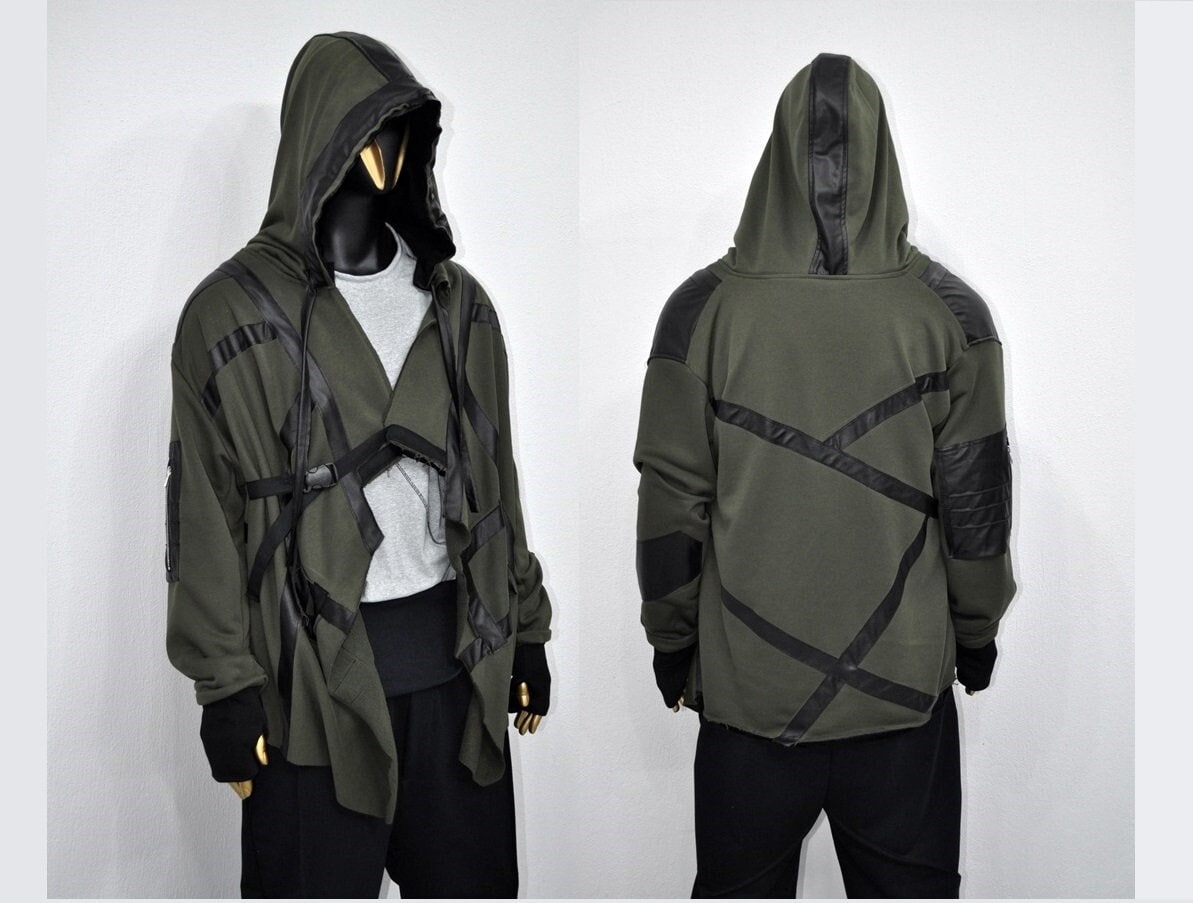 XS-8XL Leather Trim Creed Giant Hood Asymetrical Dust Shawl Cardigan Hoodie,Cyber Long SteamPunk festival,Kimono Gothic Soft Ashassin-BB0167