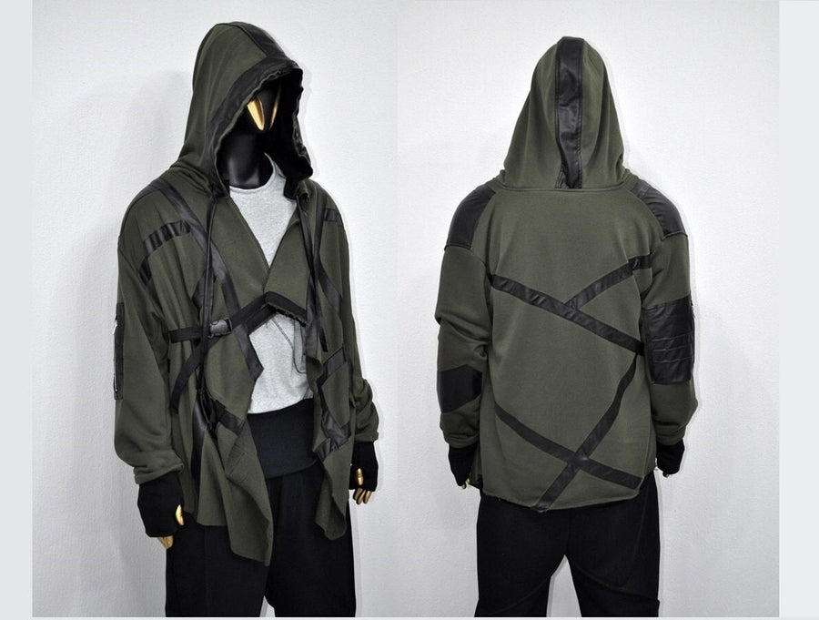 XS-8XL Leather Trim Creed Giant Hood Asymetrical Dust Shawl Cardigan Hoodie,Cyber Long SteamPunk festival,Kimono Gothic Soft Ashassin-BB0167