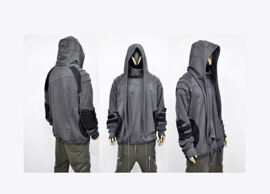 XS-8XL Washed Look Distressed Scarf Oversize Hood,High Neck Pullover,Ninja Assassin,Steampunk Burning Man -Halloween Dystopian-BB0157