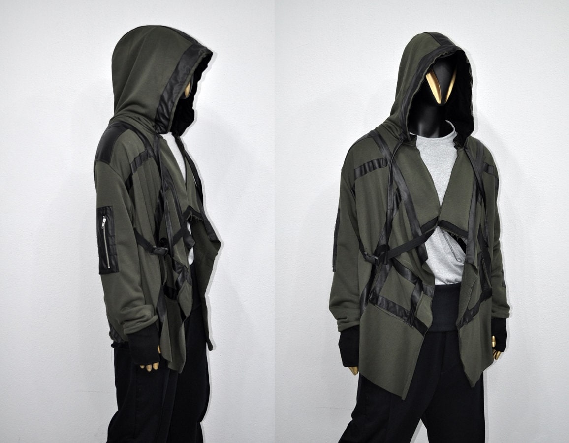 XS-8XL Leather Trim Creed Giant Hood Asymetrical Dust Shawl Cardigan Hoodie,Cyber Long SteamPunk festival,Kimono Gothic Soft Ashassin-BB0167