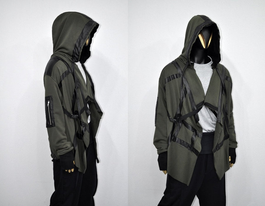 XS-8XL Leather Trim Creed Giant Hood Asymetrical Dust Shawl Cardigan Hoodie,Cyber Long SteamPunk festival,Kimono Gothic Soft Ashassin-BB0167