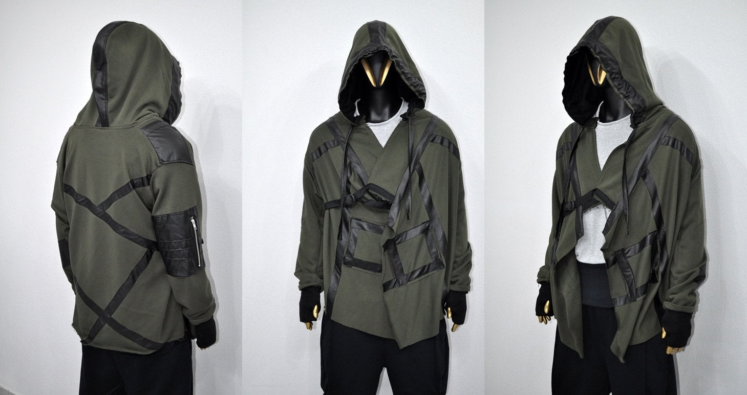 XS-8XL Leather Trim Creed Giant Hood Asymetrical Dust Shawl Cardigan Hoodie,Cyber Long SteamPunk festival,Kimono Gothic Soft Ashassin-BB0167