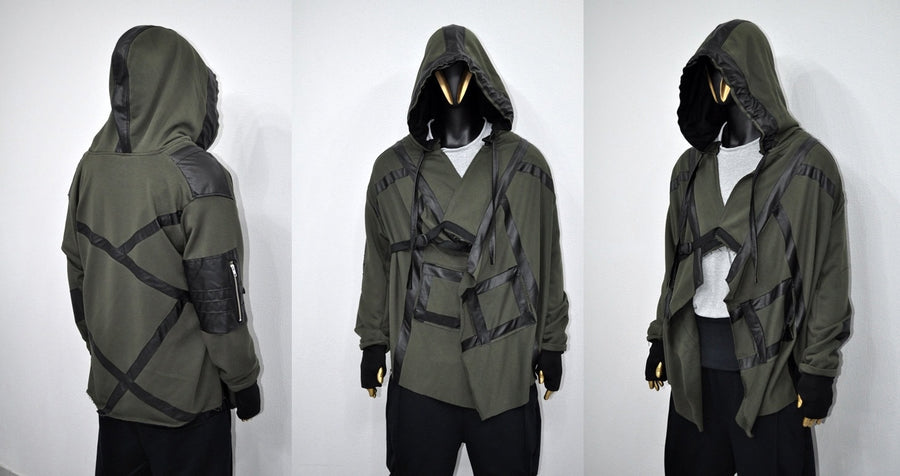 XS-8XL Leather Trim Creed Giant Hood Asymetrical Dust Shawl Cardigan Hoodie,Cyber Long SteamPunk festival,Kimono Gothic Soft Ashassin-BB0167