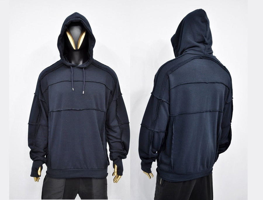 XS-8XL Men's Navy Techwear Thumb Hole Quilted Jumper Hoodie,Biker Drop Shoulder,Pintuck Ribbing Pullover,Cyber SteamPunk,Futuristic-BB285ÜST