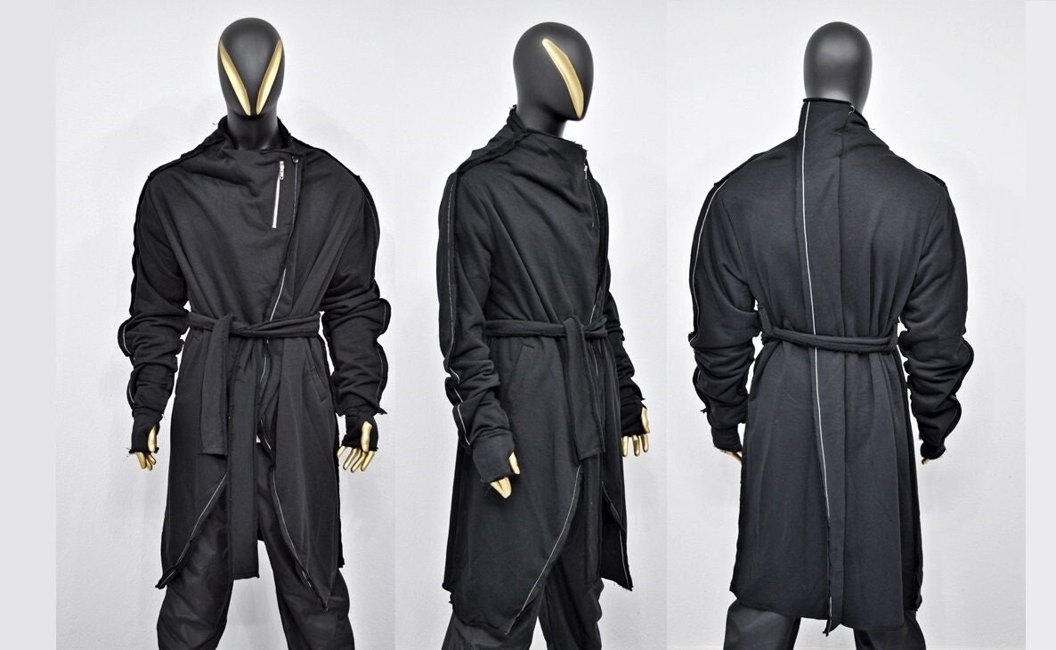 XS-8XL Belted Contrast Stitch Overlong Loose Kimono Cardigan JACKET, Cyber Goth,Asymmetric Punk Cosplay, Futuristic-Post Apocalyptic- BB0148
