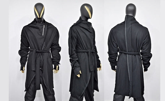 XS-8XL Belted Contrast Stitch Overlong Loose Kimono Cardigan JACKET, Cyber Goth,Asymmetric Punk Cosplay, Futuristic-Post Apocalyptic- BB0148