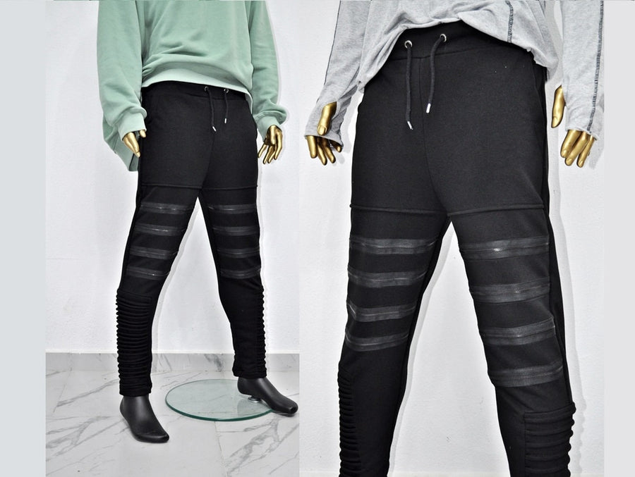 XS - 8XL Men's Zipper Knee Korean Style Casual Biker Pants, Tapered Fitted Jogger Trouser, Elastic Waist,Relaxed Sweatpants, Gothic,St-BB297