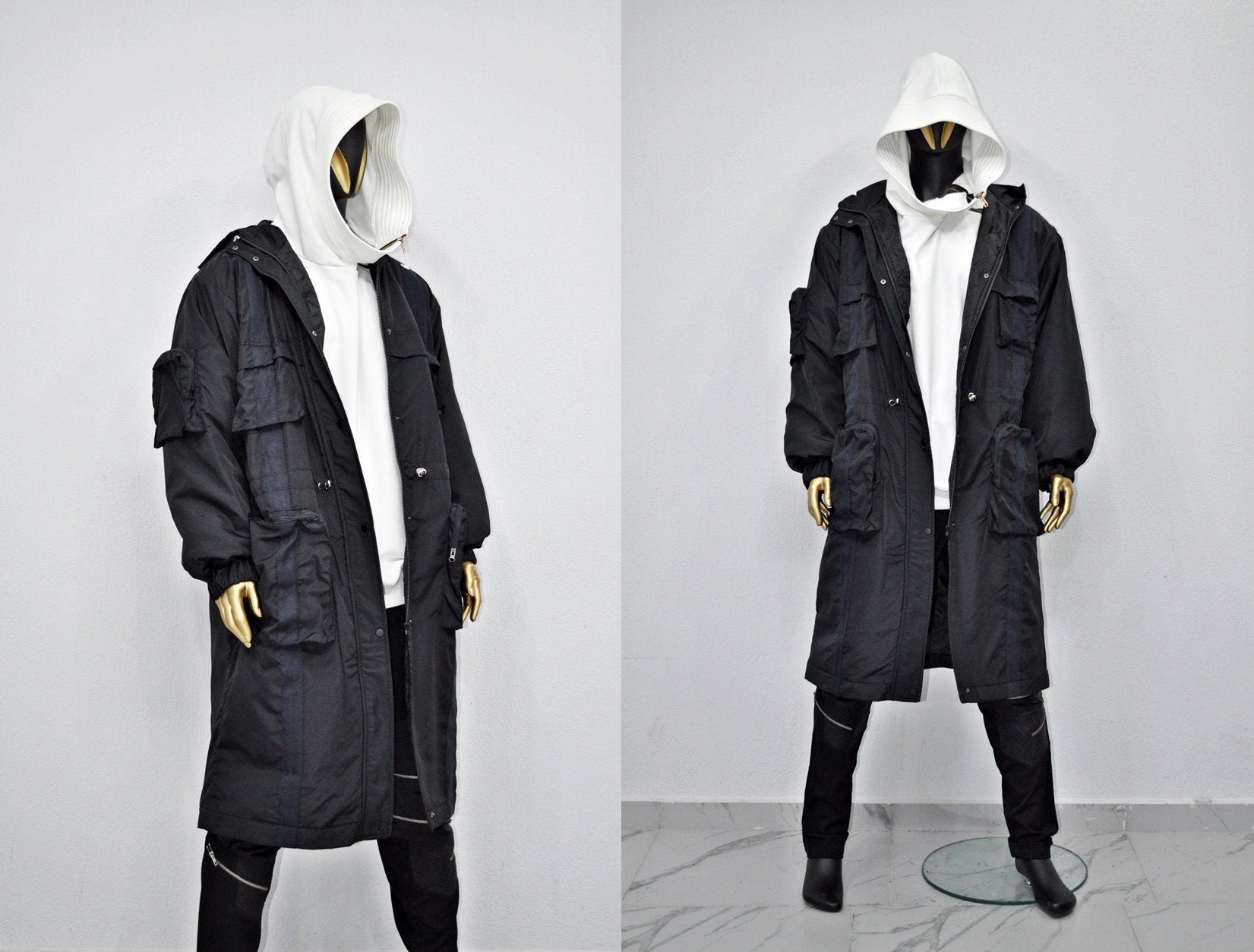 Dark Long Windbreaker Loose Jacket, Over the Knee Hooded Big Pocket Trenchcoat