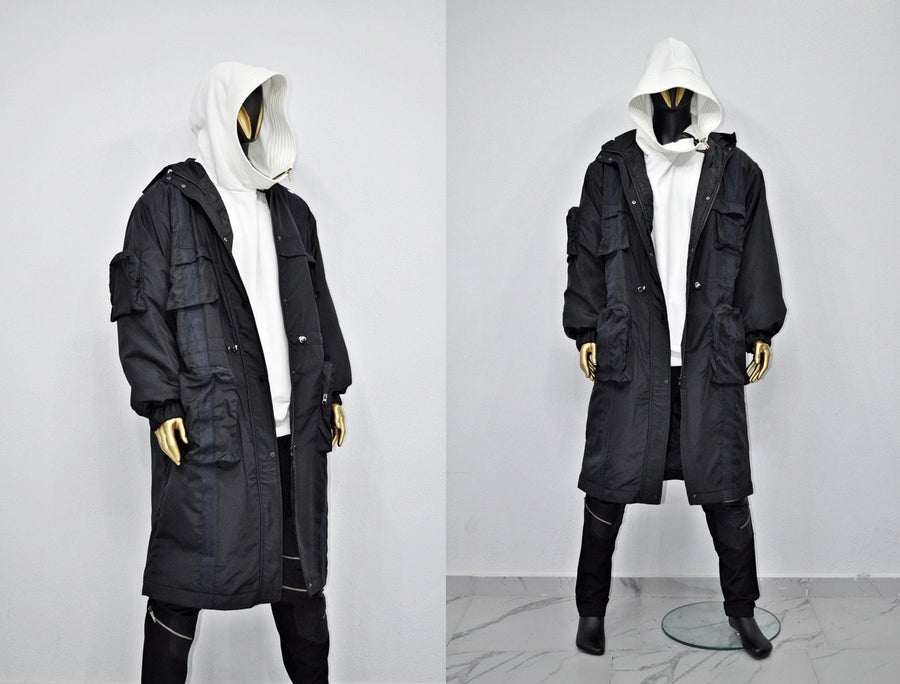 Dark Long Windbreaker Loose Jacket, Over the Knee Hooded Big Pocket Trenchcoat