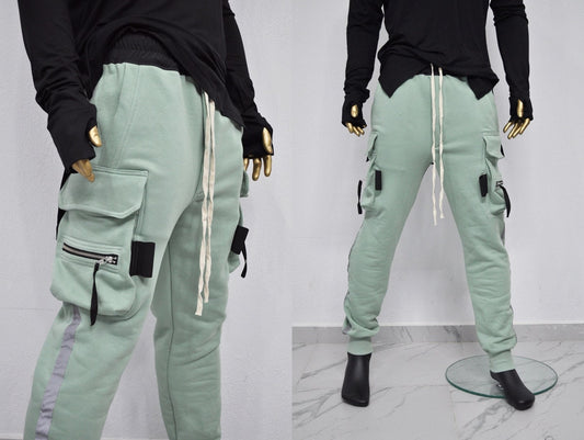 XS - 8XL Black Mint Man Side Reflector Band High Street Multi-Pocket Relaxed Sweatpants/Low Crotch Harem Jogger /Webbing Ninja Trouser-BB267
