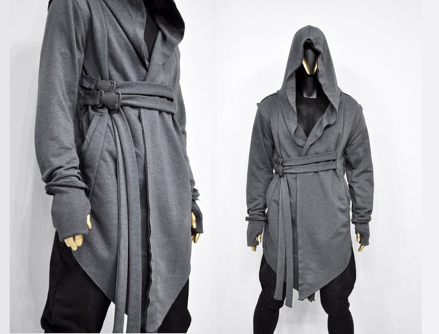 XS-8XL Men's Creed GiantHood Asymetric Cardigan JACKET Hoodie,Ashassin SteamPunk Thumb Hole,Kimono Futuristic-Apocalyptic Dystopian-BB0102
