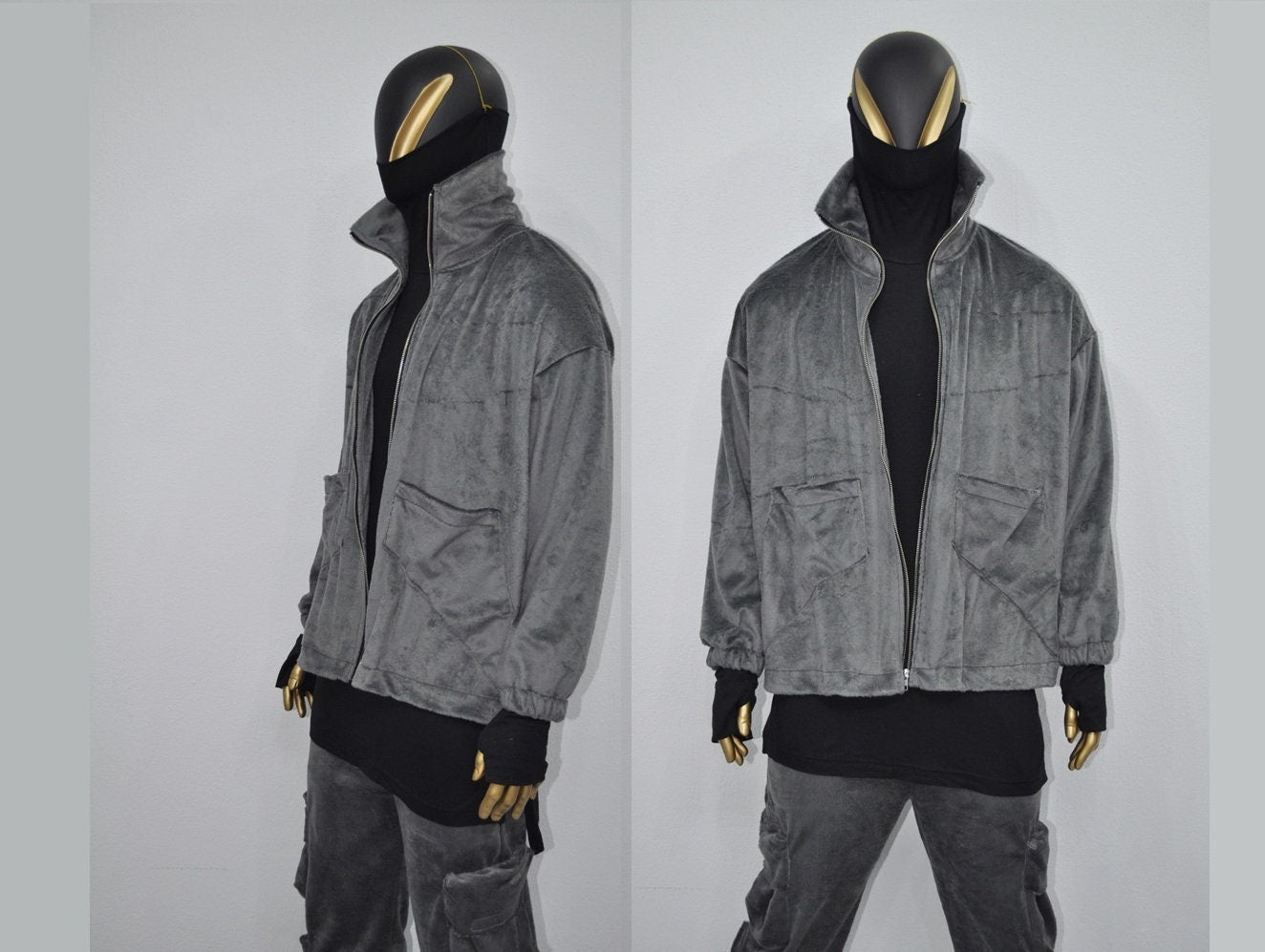 XS-8XL Winter Soft Velour Jacket, Comfort Loose Top, Asymetrical Pockets Goth Full zip Cardigan Polo High Neck Hoodie, SteamPunk -BB0171