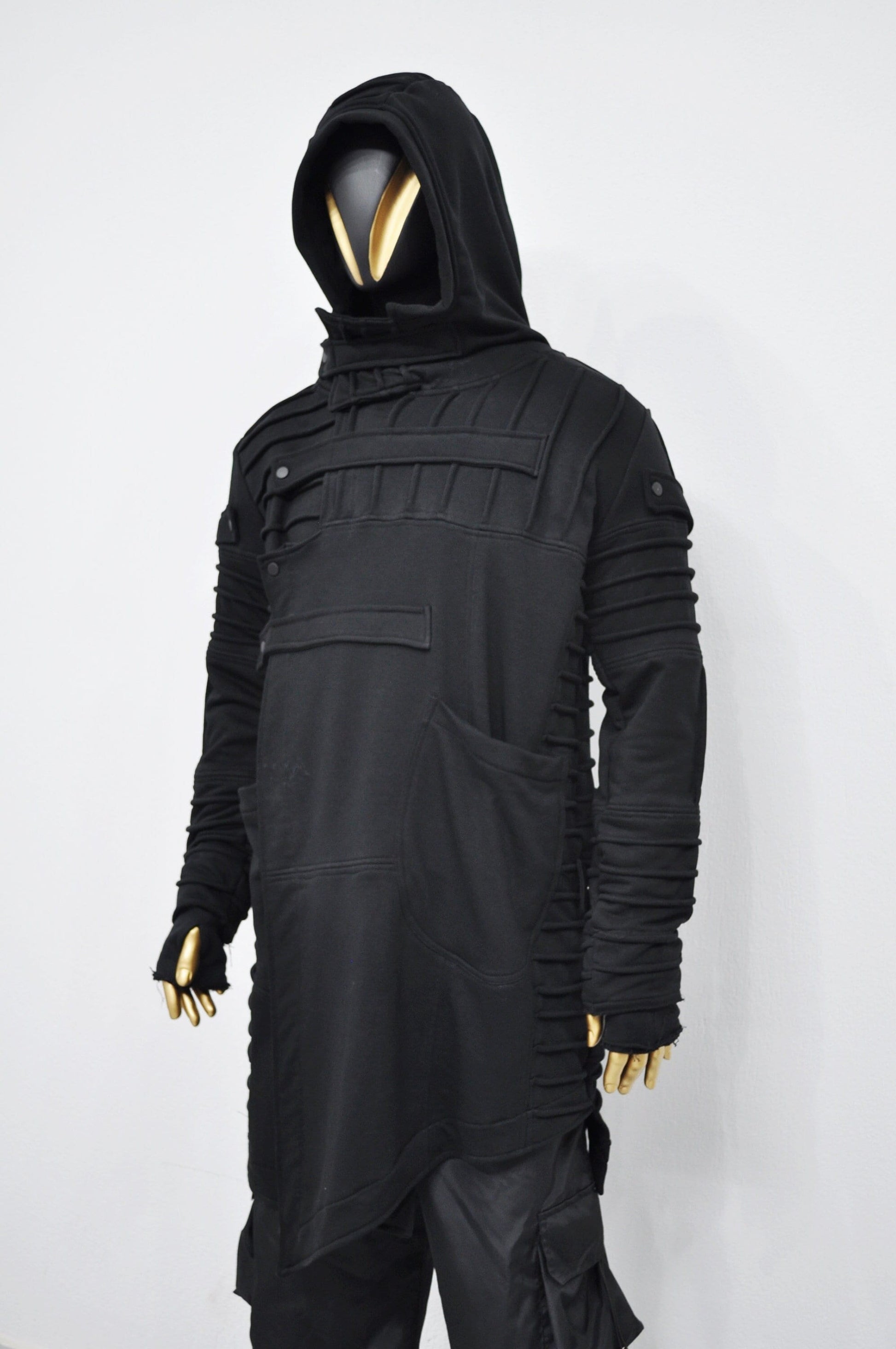 XS-8XL Men's Black Quilted Sleeves Cardigan Loose JACKET,Cyber Goth ,Long Asymmetric Cosplay, Futuristic- Post Apocalyptic Dystopian- BB0122