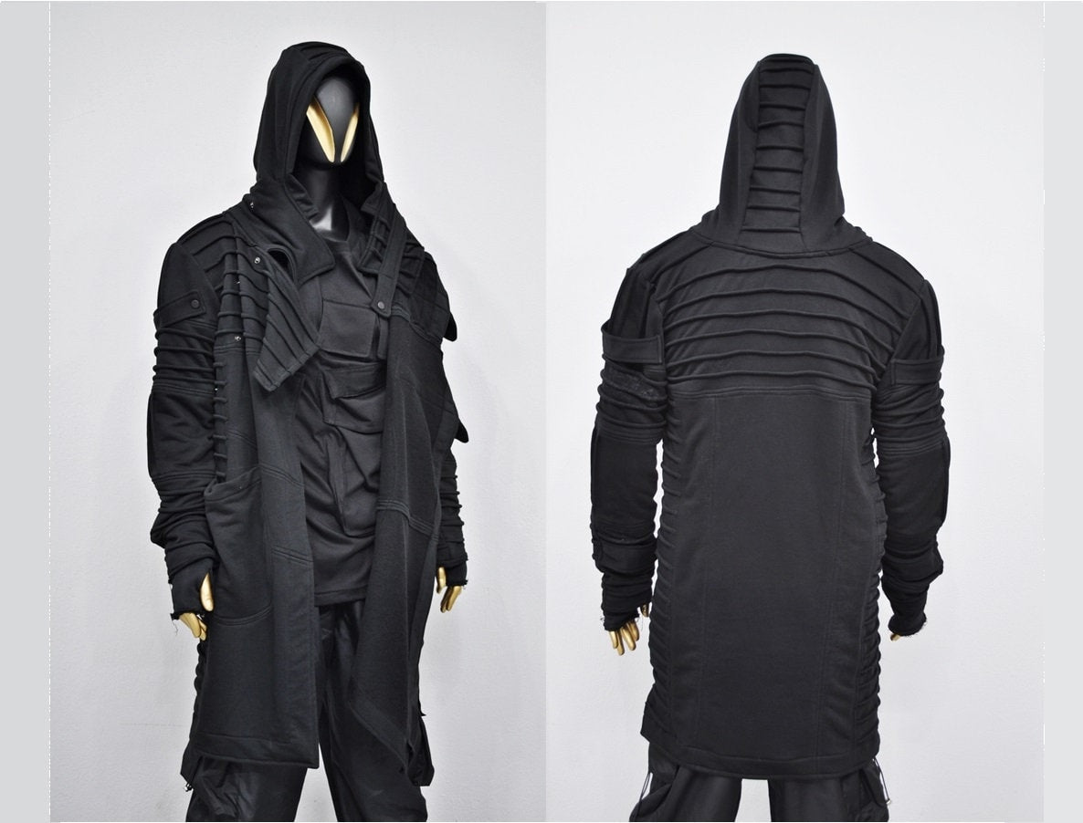XS-8XL Men's Black Quilted Sleeves Cardigan Loose JACKET,Cyber Goth ,Long Asymmetric Cosplay, Futuristic- Post Apocalyptic Dystopian- BB0122