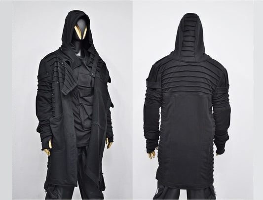 XS-8XL Men's Black Quilted Sleeves Cardigan Loose JACKET,Cyber Goth ,Long Asymmetric Cosplay, Futuristic- Post Apocalyptic Dystopian- BB0122