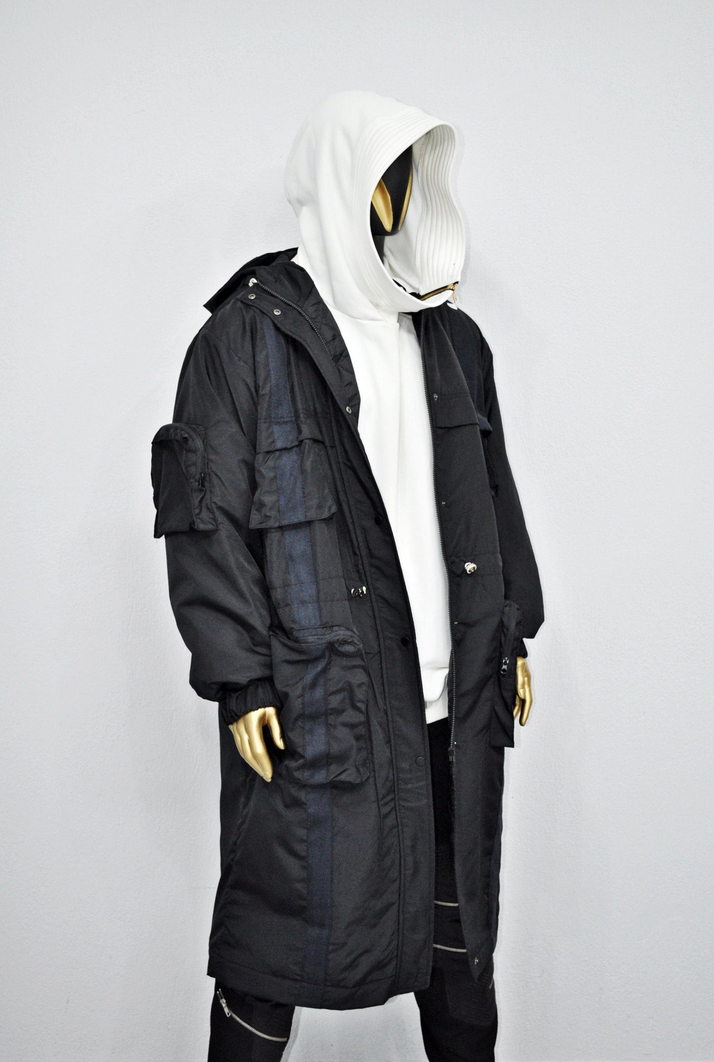Dark Long Windbreaker Loose Jacket, Over the Knee Hooded Big Pocket Trenchcoat