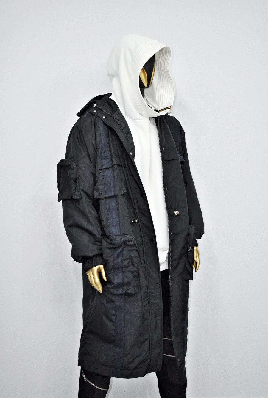 Dark Long Windbreaker Loose Jacket, Over the Knee Hooded Big Pocket Trenchcoat