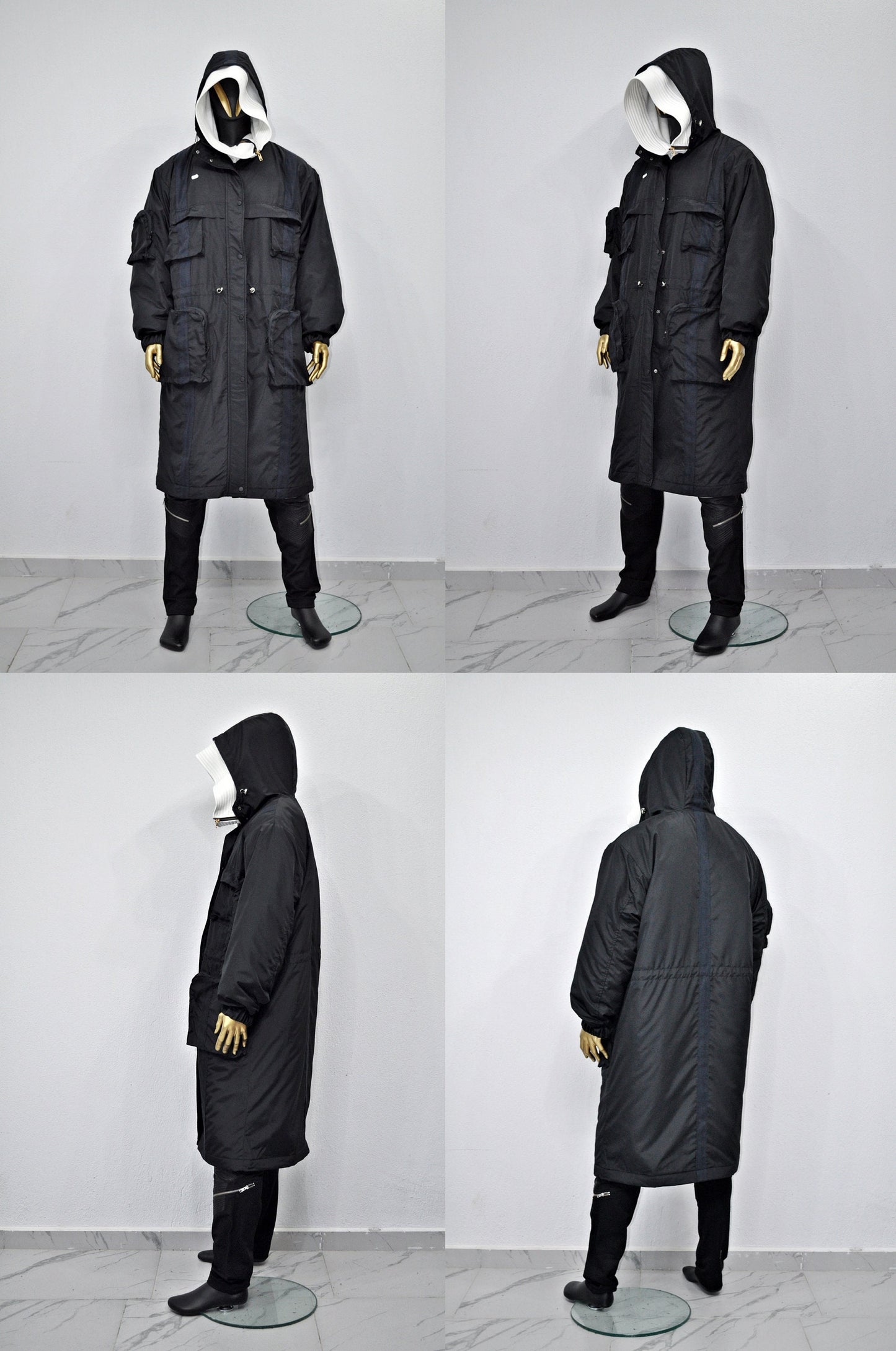 Dark Long Windbreaker Loose Jacket, Over the Knee Hooded Big Pocket Trenchcoat
