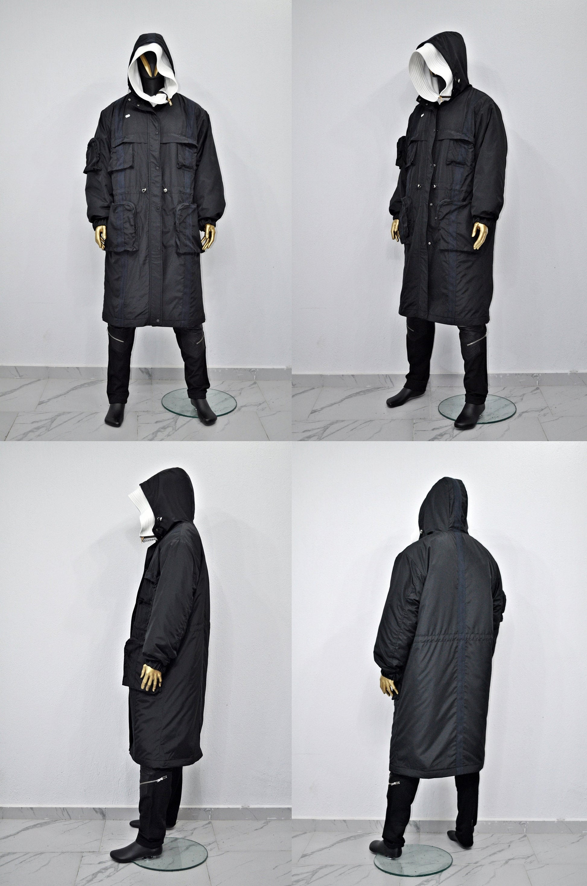 Dark Long Windbreaker Loose Jacket, Over the Knee Hooded Big Pocket Trenchcoat