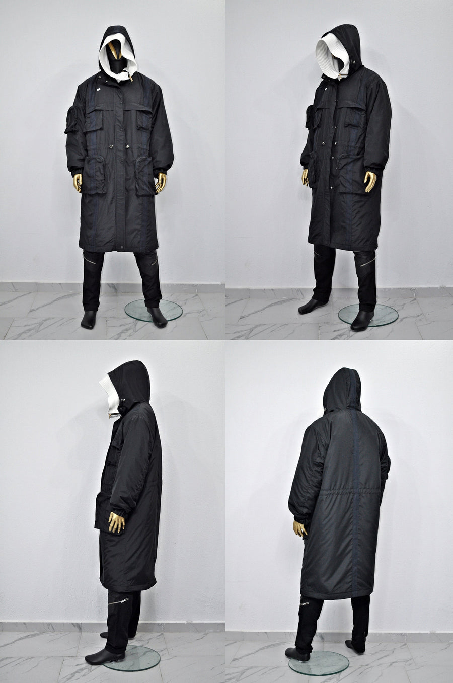 Dark Long Windbreaker Loose Jacket, Over the Knee Hooded Big Pocket Trenchcoat