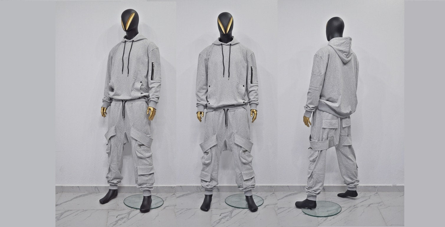 XS - 8XL AW Men Relaxed Belted Flap Zip Sarrouel Drop-Crotch Trousers-Cargo Pant Sweatpants/ Harem Jogger /Webbing Ninja Trouser-BB300