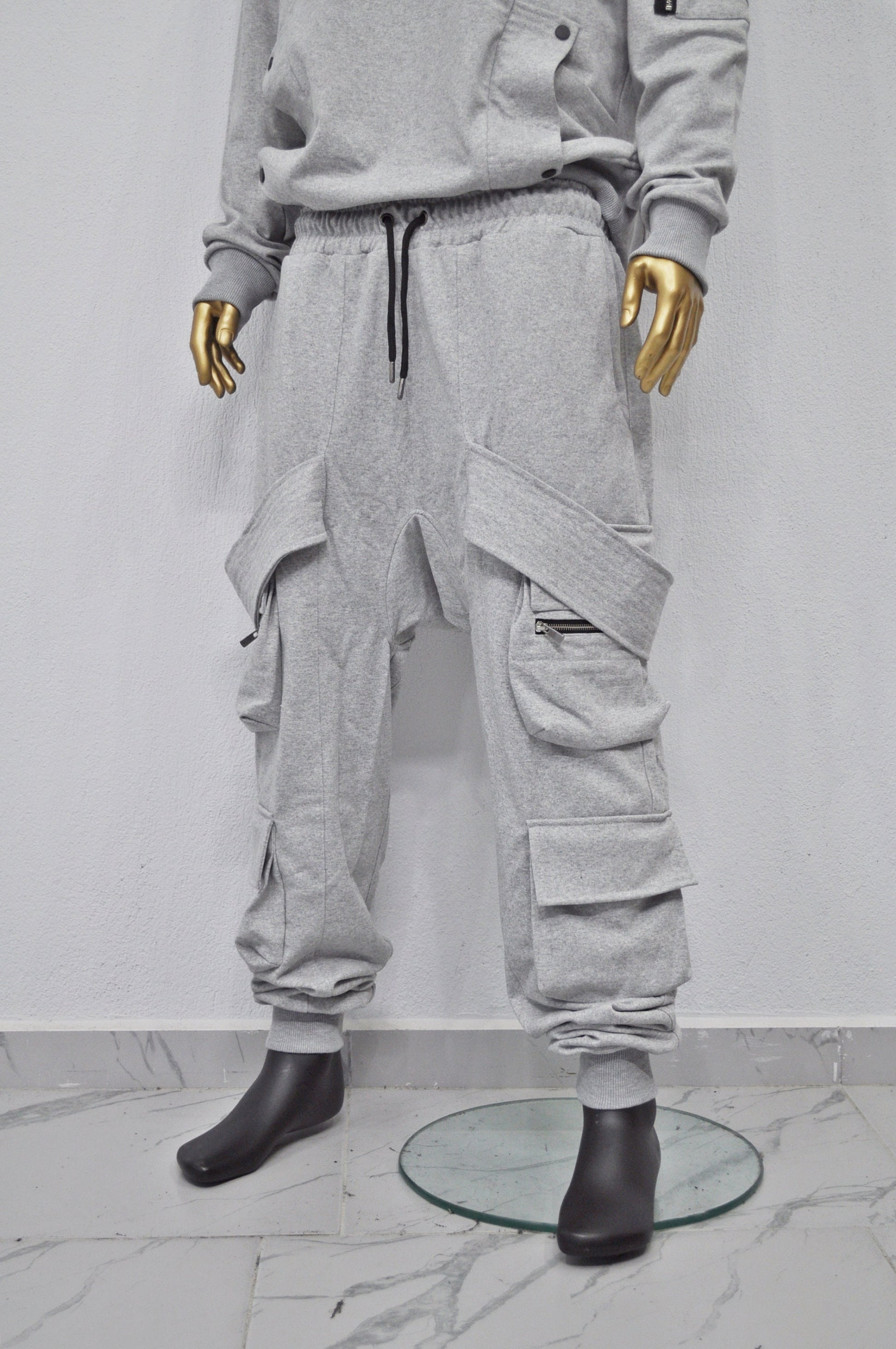 XS - 8XL AW Men Relaxed Belted Flap Zip Sarrouel Drop-Crotch Trousers-Cargo Pant Sweatpants/ Harem Jogger /Webbing Ninja Trouser-BB300