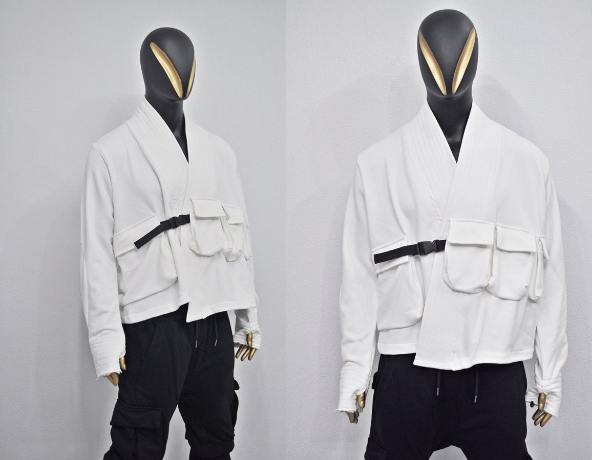XS-8XL White Cotton Front Pockets Jacket Kimono Look, Tie-up, Ninja Assassin Jacket,Steampunk Gothic-Post Apocalyptic Dystopian-BB0173