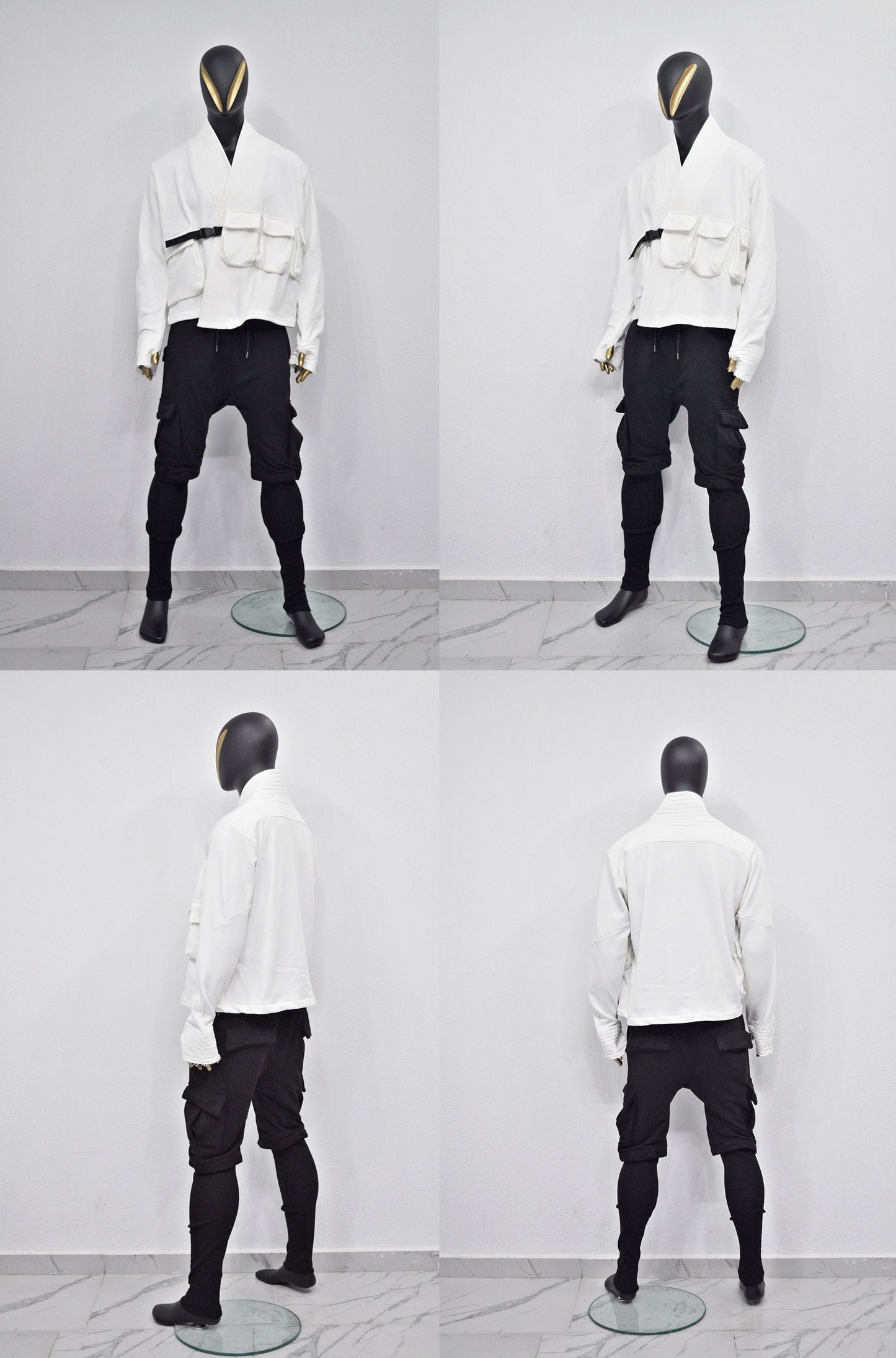 XS-8XL White Cotton Front Pockets Jacket Kimono Look, Tie-up, Ninja Assassin Jacket,Steampunk Gothic-Post Apocalyptic Dystopian-BB0173