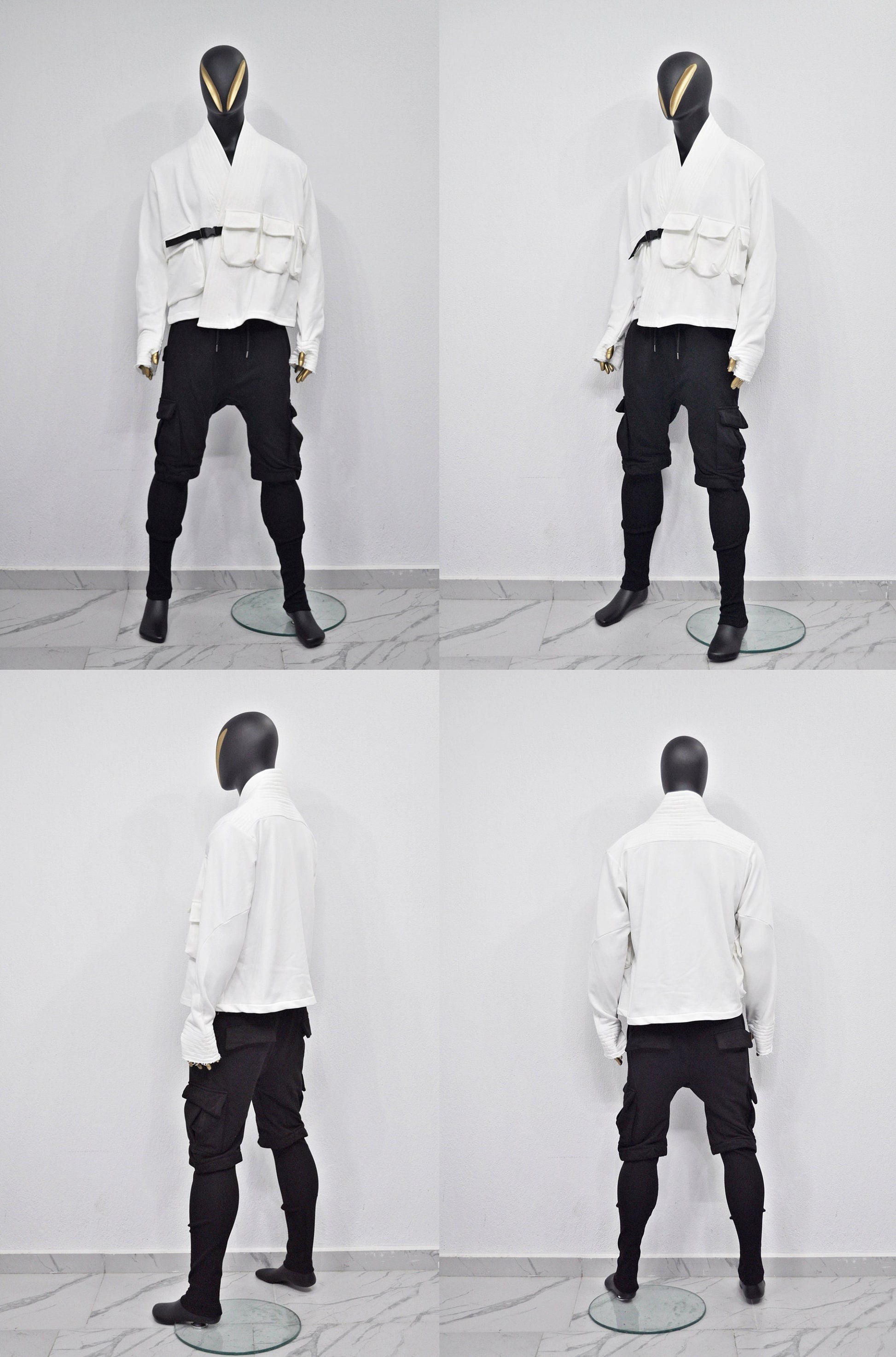 XS-8XL White Cotton Front Pockets Jacket Kimono Look, Tie-up, Ninja Assassin Jacket,Steampunk Gothic-Post Apocalyptic Dystopian-BB0173