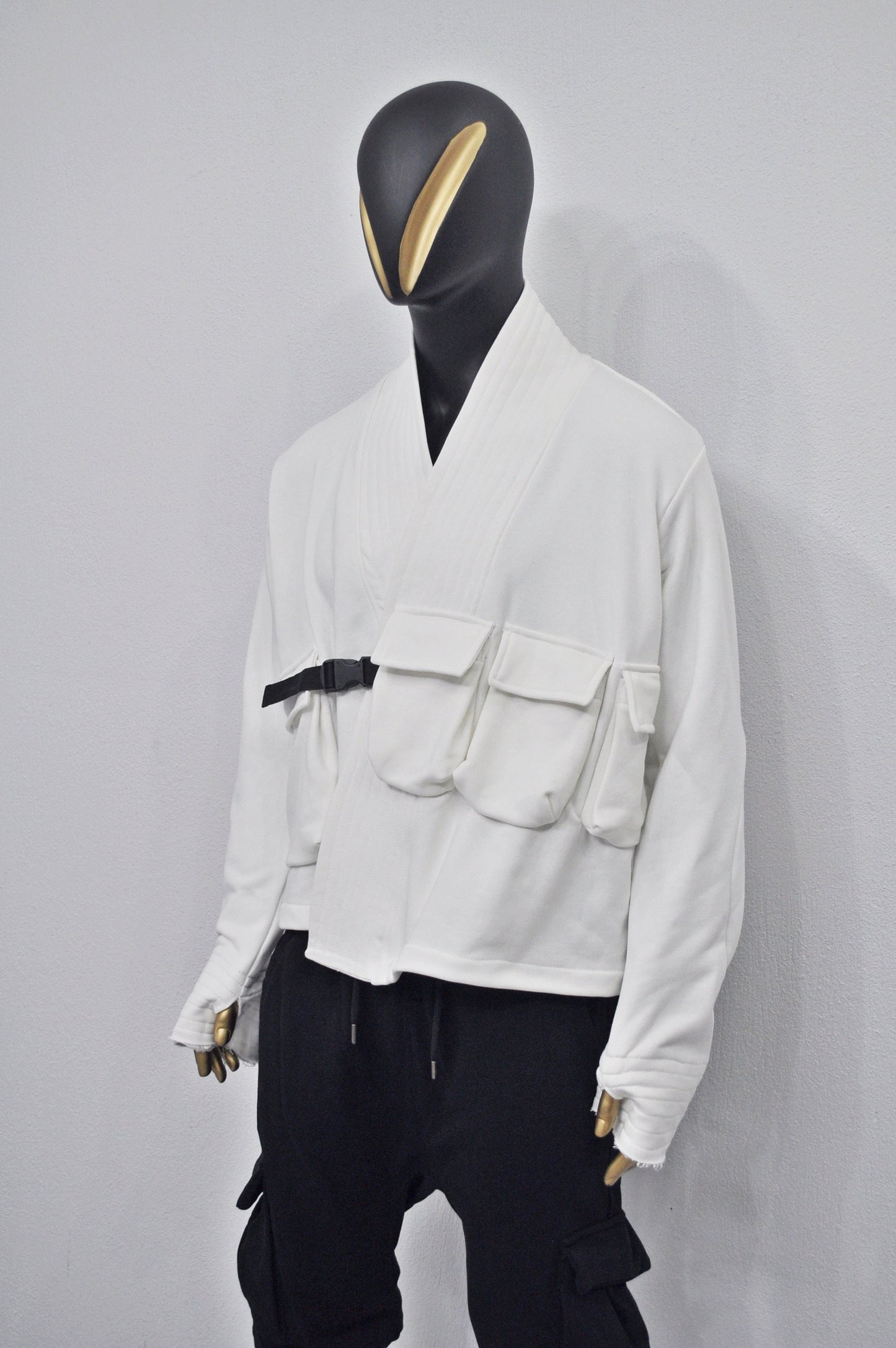 XS-8XL White Cotton Front Pockets Jacket Kimono Look, Tie-up, Ninja Assassin Jacket,Steampunk Gothic-Post Apocalyptic Dystopian-BB0173