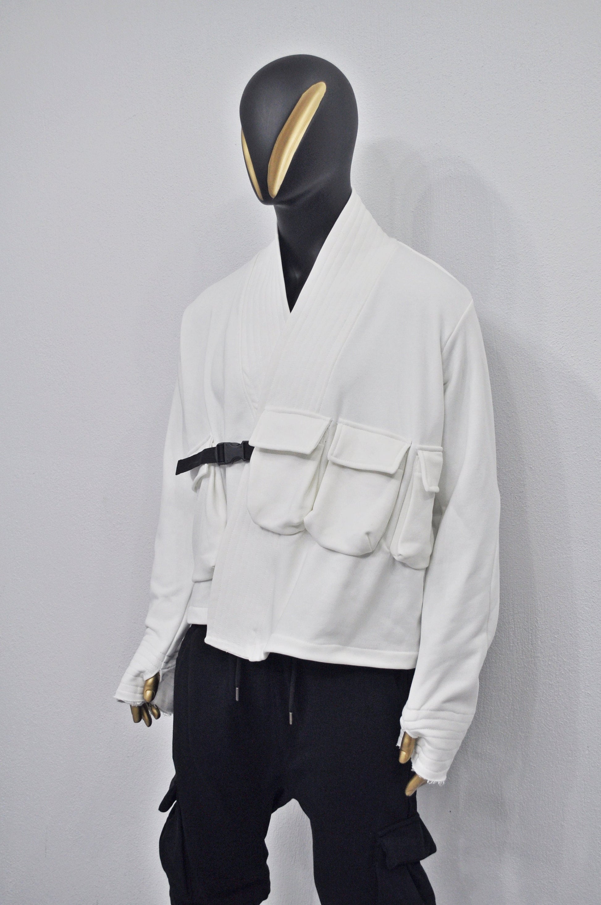 XS-8XL White Cotton Front Pockets Jacket Kimono Look, Tie-up, Ninja Assassin Jacket,Steampunk Gothic-Post Apocalyptic Dystopian-BB0173