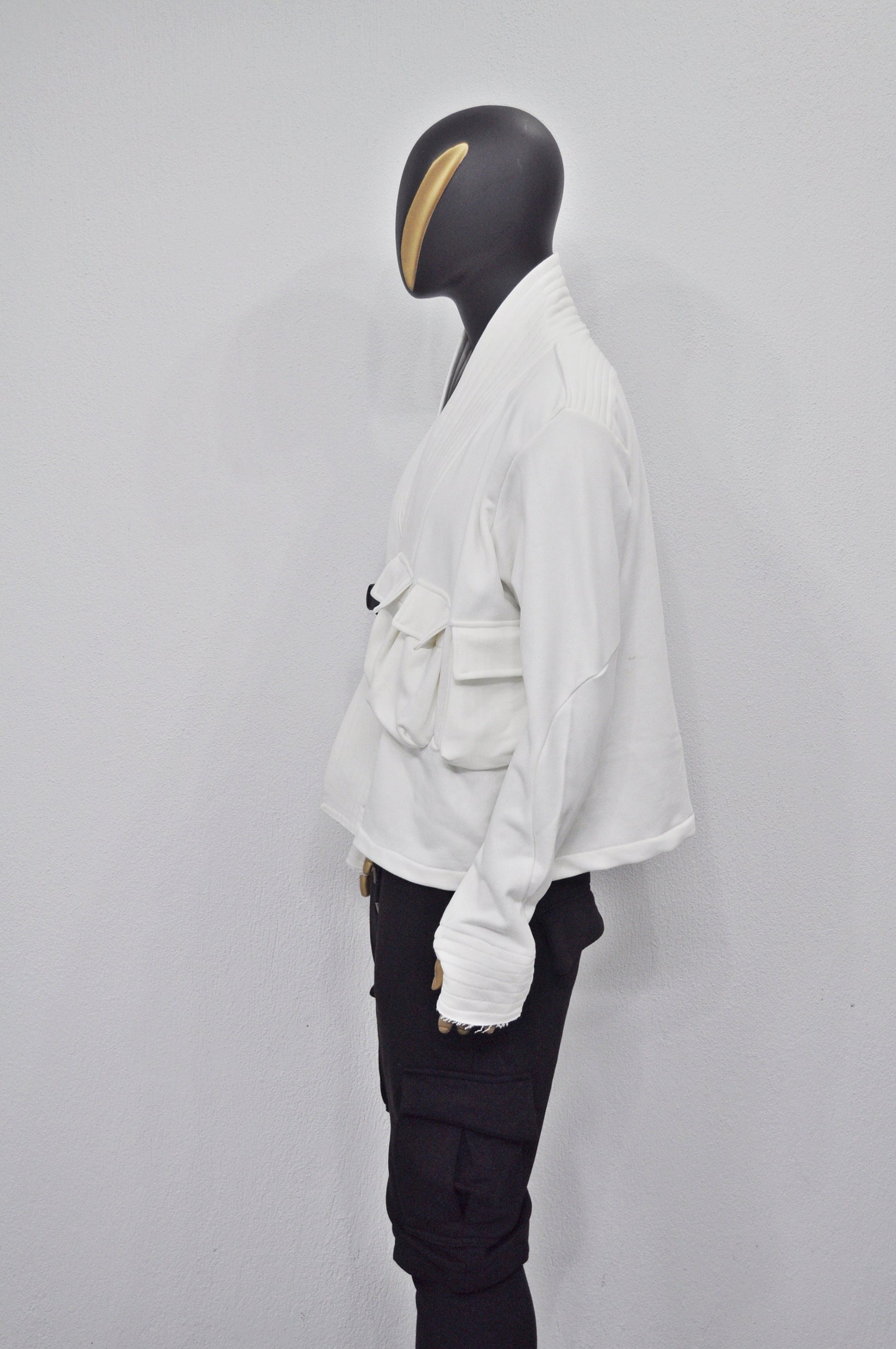 XS-8XL White Cotton Front Pockets Jacket Kimono Look, Tie-up, Ninja Assassin Jacket,Steampunk Gothic-Post Apocalyptic Dystopian-BB0173