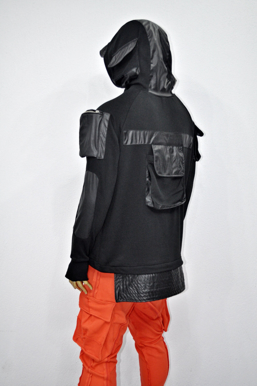 XS-8XL Men's Black Faux Leather Sleeves Loose Tech Pockets Hoodie, Cyber Goth ,Long Asymmetric Cosplay, Futuristic- Post Apocalyptic- BB0174