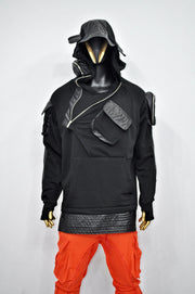 XS-8XL Men's Black Faux Leather Sleeves Loose Tech Pockets Hoodie, Cyber Goth ,Long Asymmetric Cosplay, Futuristic- Post Apocalyptic- BB0174