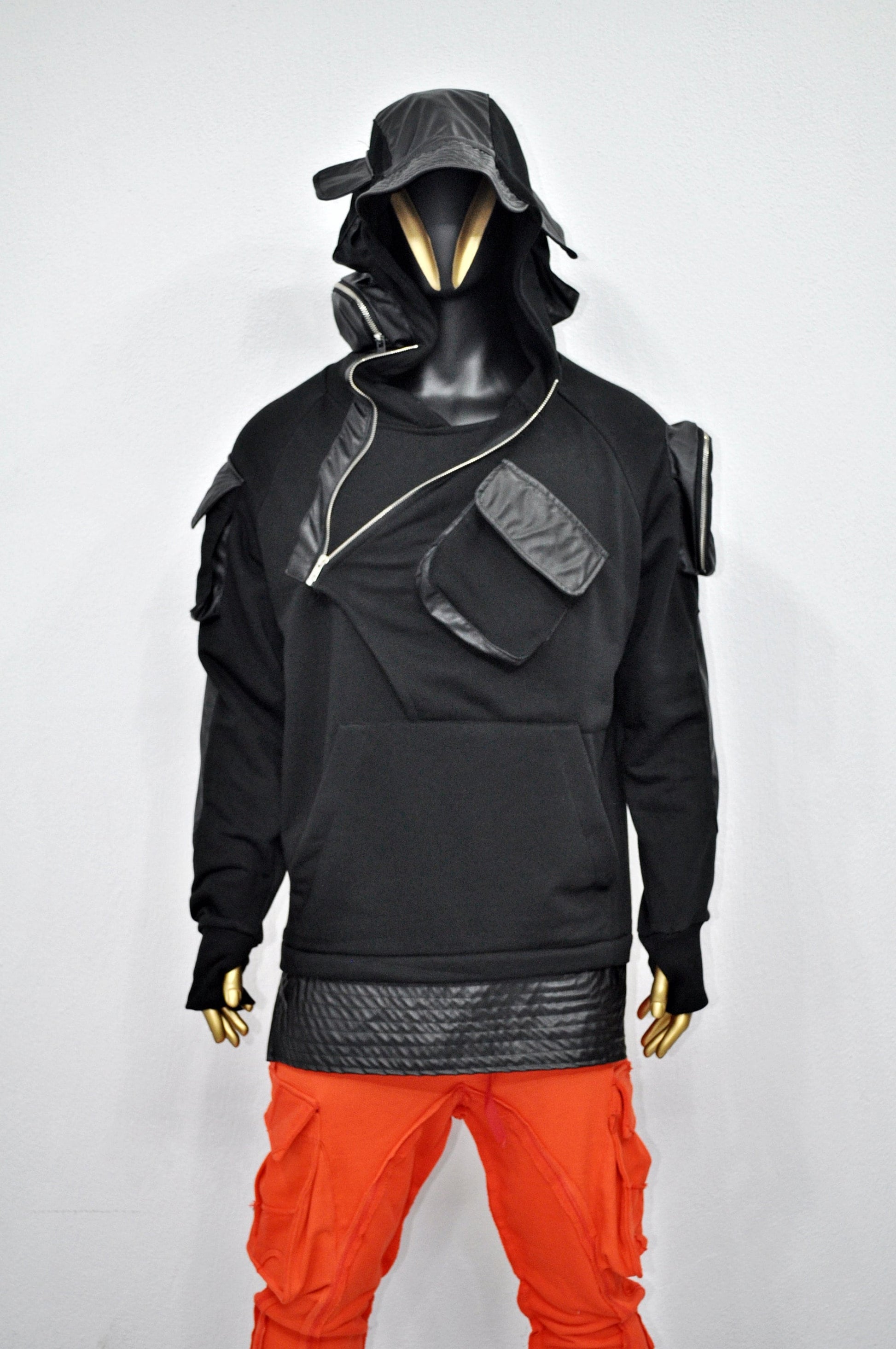 XS-8XL Men's Black Faux Leather Sleeves Loose Tech Pockets Hoodie, Cyber Goth ,Long Asymmetric Cosplay, Futuristic- Post Apocalyptic- BB0174