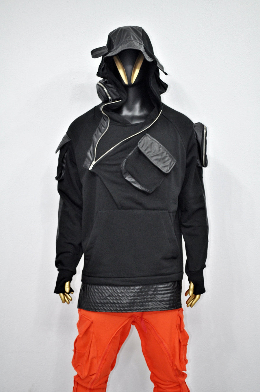 XS-8XL Men's Black Faux Leather Sleeves Loose Tech Pockets Hoodie, Cyber Goth ,Long Asymmetric Cosplay, Futuristic- Post Apocalyptic- BB0174