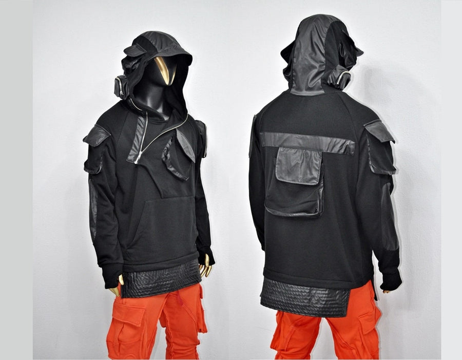 XS-8XL Men's Black Faux Leather Sleeves Loose Tech Pockets Hoodie, Cyber Goth ,Long Asymmetric Cosplay, Futuristic- Post Apocalyptic- BB0174