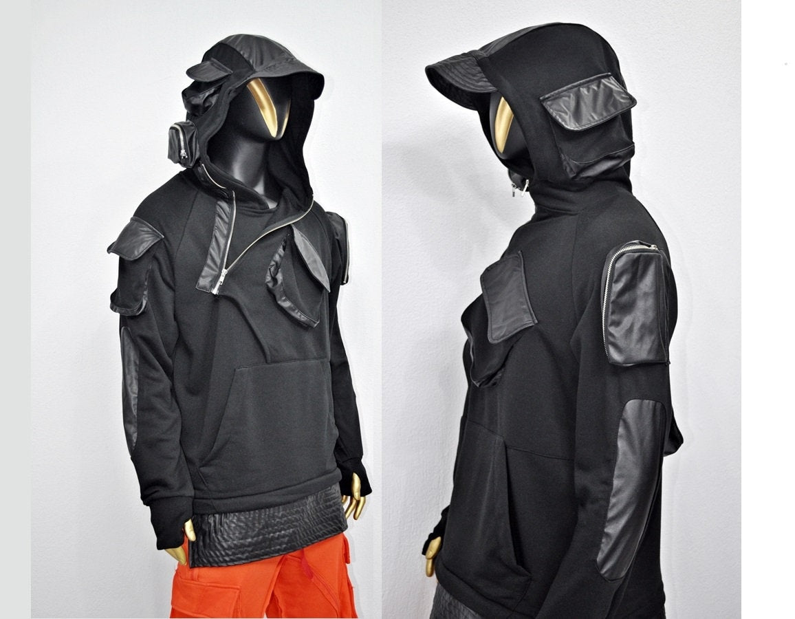 XS-8XL Men's Black Faux Leather Sleeves Loose Tech Pockets Hoodie, Cyber Goth ,Long Asymmetric Cosplay, Futuristic- Post Apocalyptic- BB0174